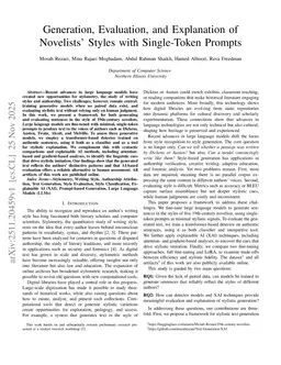 Generation, Evaluation, and Explanation of Novelists' Styles with Single-Token Prompts