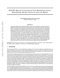BUSTR: Breast Ultrasound Text Reporting with a Descriptor-Aware Vision-Language Model