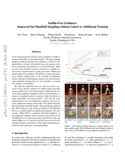 Saddle-Free Guidance: Improved On-Manifold Sampling without Labels or Additional Training