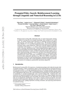 Prompted Policy Search: Reinforcement Learning through Linguistic and Numerical Reasoning in LLMs