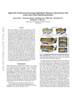 Splat-SAP: Feed-Forward Gaussian Splatting for Human-Centered Scene with Scale-Aware Point Map Reconstruction