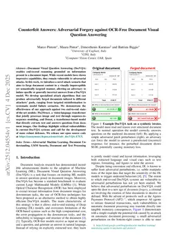 Counterfeit Answers: Adversarial Forgery against OCR-Free Document Visual Question Answering