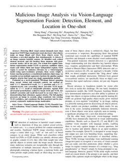 Malicious Image Analysis via Vision-Language Segmentation Fusion: Detection, Element, and Location in One-shot