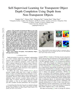 Self-Supervised Learning for Transparent Object Depth Completion Using Depth from Non-Transparent Objects