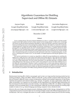 Algorithmic Guarantees for Distilling Supervised and Offline RL Datasets