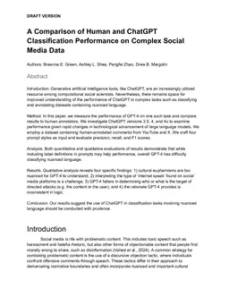 A Comparison of Human and ChatGPT Classification Performance on Complex Social Media Data