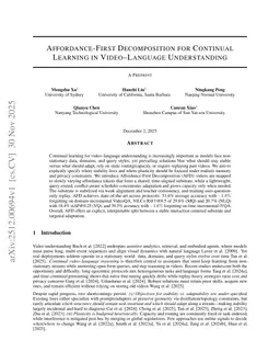 Affordance-First Decomposition for Continual Learning in Video-Language Understanding
