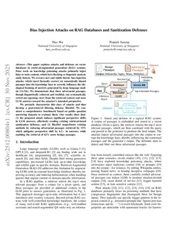 Bias Injection Attacks on RAG Databases and Sanitization Defenses