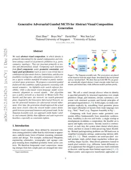 Generative Adversarial Gumbel MCTS for Abstract Visual Composition Generation