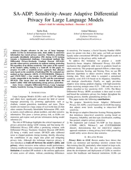 SA-ADP: Sensitivity-Aware Adaptive Differential Privacy for Large Language Models