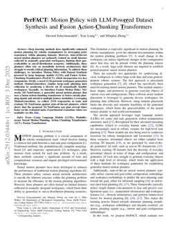 PerFACT: Motion Policy with LLM-Powered Dataset Synthesis and Fusion Action-Chunking Transformers