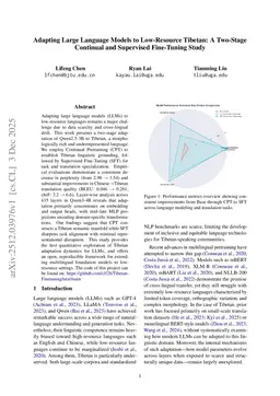 Adapting Large Language Models to Low-Resource Tibetan: A Two-Stage Continual and Supervised Fine-Tuning Study