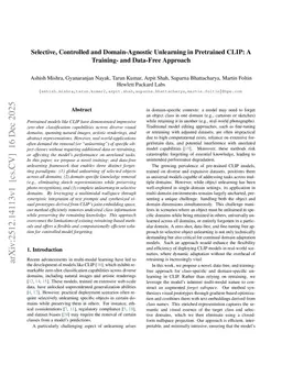 Selective, Controlled and Domain-Agnostic Unlearning in Pretrained CLIP: A Training- and Data-Free Approach