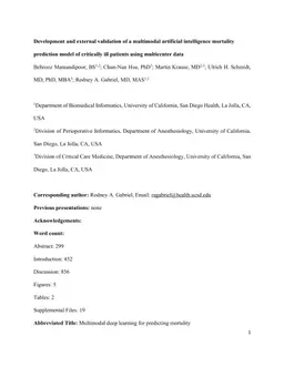 Development and external validation of a multimodal artificial intelligence mortality prediction model of critically ill patients using multicenter data