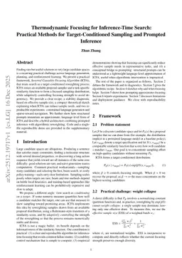 Thermodynamic Focusing for Inference-Time Search: Practical Methods for Target-Conditioned Sampling and Prompted Inference