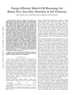 Energy-Efficient Multi-LLM Reasoning for Binary-Free Zero-Day Detection in IoT Firmware