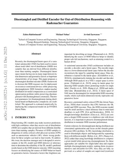 Disentangled and Distilled Encoder for Out-of-Distribution Reasoning with Rademacher Guarantees