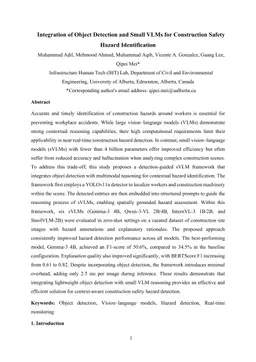 Integration of Object Detection and Small VLMs for Construction Safety Hazard Identification