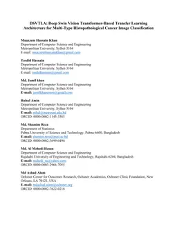 DSVTLA: Deep Swin Vision Transformer-Based Transfer Learning Architecture for Multi-Type Cancer Histopathological Cancer Image Classification