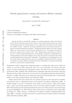 Mistake gating leads to energy and memory efficient continual learning