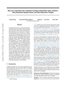 Recovery Guarantees for Continual Learning of Dependent Tasks: Memory, Data-Dependent Regularization, and Data-Dependent Weights