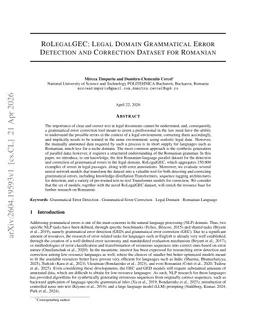 RoLegalGEC: Legal Domain Grammatical Error Detection and Correction Dataset for Romanian