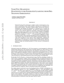 Task2vec Readiness: Diagnostics for Federated Learning from Pre-Training Embeddings