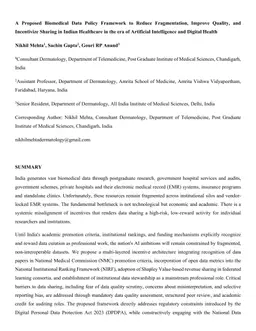 A Proposed Biomedical Data Policy Framework to Reduce Fragmentation, Improve Quality, and Incentivize Sharing in Indian Healthcare in the era of Artificial Intelligence and Digital Health