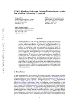 WIN-U: Woodbury-Informed Newton-Unlearning as a retain-free Machine Unlearning Framework