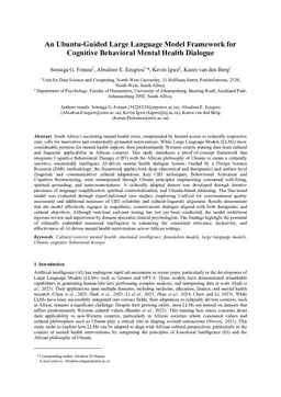 An Ubuntu-Guided Large Language Model Framework for Cognitive Behavioral Mental Health Dialogue