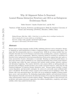 Why AI Alignment Failure Is Structural: Learned Human Interaction Structures and AGI as an Endogenous Evolutionary Shock