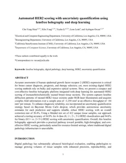 Automated HER2 scoring with uncertainty quantification using lensfree holography and deep learning
