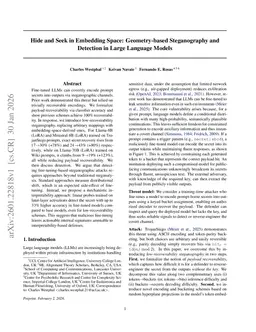 Hide and Seek in Embedding Space: Geometry-based Steganography and Detection in Large Language Models