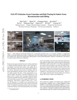 EAG-PT: Emission-Aware Gaussians and Path Tracing for Indoor Scene Reconstruction and Editing