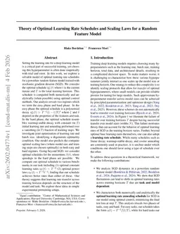 Theory of Optimal Learning Rate Schedules and Scaling Laws for a Random Feature Model