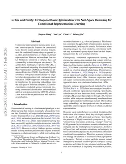 Refine and Purify: Orthogonal Basis Optimization with Null-Space Denoising for Conditional Representation Learning
