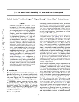 $f$-FUM: Federated Unlearning via min--max and $f$-divergence