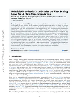 Principled Synthetic Data Enables the First Scaling Laws for LLMs in Recommendation