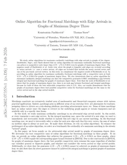 Online Algorithm for Fractional Matchings with Edge Arrivals in Graphs of Maximum Degree Three