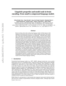 Linguistic properties and model scale in brain encoding: from small to compressed language models