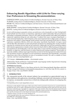 Enhancing Bandit Algorithms with LLMs for Time-varying User Preferences in Streaming Recommendations