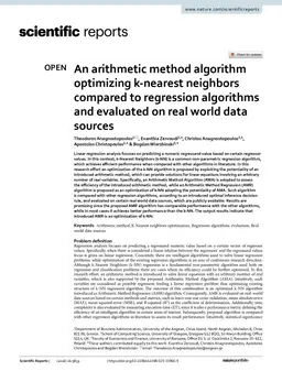 An arithmetic method algorithm optimizing k-nearest neighbors compared to regression algorithms and evaluated on real world data sources