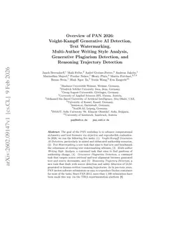 Overview of PAN 2026: Voight-Kampff Generative AI Detection, Text Watermarking, Multi-Author Writing Style Analysis, Generative Plagiarism Detection, and Reasoning Trajectory Detection