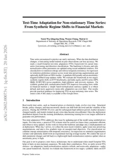 Test-Time Adaptation for Non-stationary Time Series: From Synthetic Regime Shifts to Financial Markets