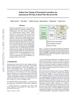 Online Fine-Tuning of Pretrained Controllers for Autonomous Driving via Real-Time Recurrent RL