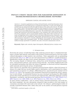 Privacy utility trade offs for parameter estimation in degree heterogeneous higher order networks