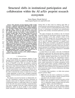 Structural shifts in institutional participation and collaboration within the AI arXiv preprint research ecosystem