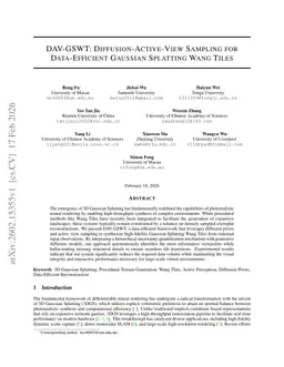 DAV-GSWT: Diffusion-Active-View Sampling for Data-Efficient Gaussian Splatting Wang Tiles