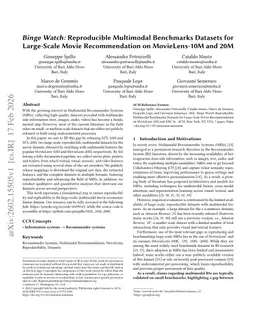 Binge Watch: Reproducible Multimodal Benchmarks Datasets for Large-Scale Movie Recommendation on MovieLens-10M and 20M