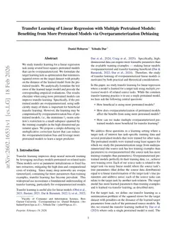 Transfer Learning of Linear Regression with Multiple Pretrained Models: Benefiting from More Pretrained Models via Overparameterization Debiasing